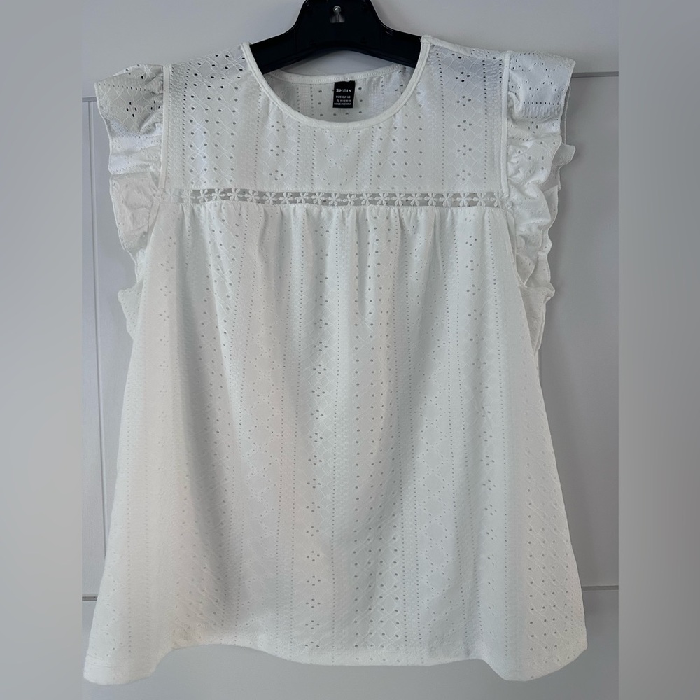 SHEIN White Eyelet Ruffle Blouse